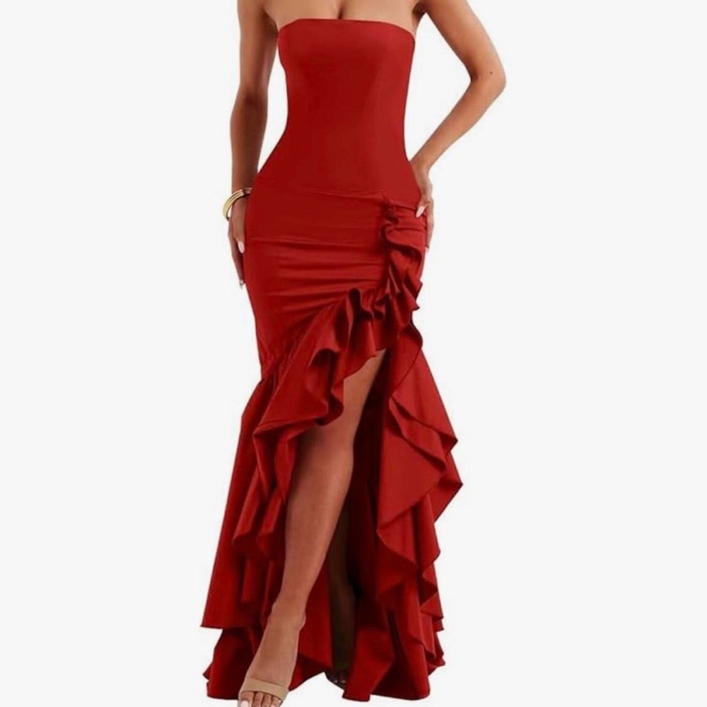 Chic Strapless Tube Red Ruffle Dress